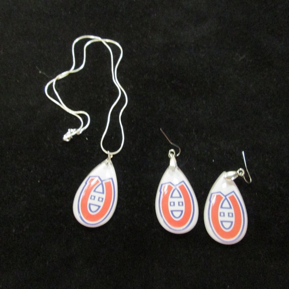 Montreal Canadiens Glass Tear Drop Earrings & Necklace Set